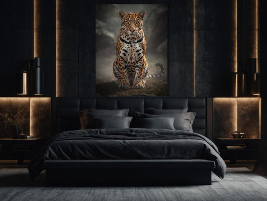 Jaguar im Morgennebel Dark Fantasy Wandkunst Leinwand 32x48 über einem Bett in ruhigem Schlafzimmer Interior