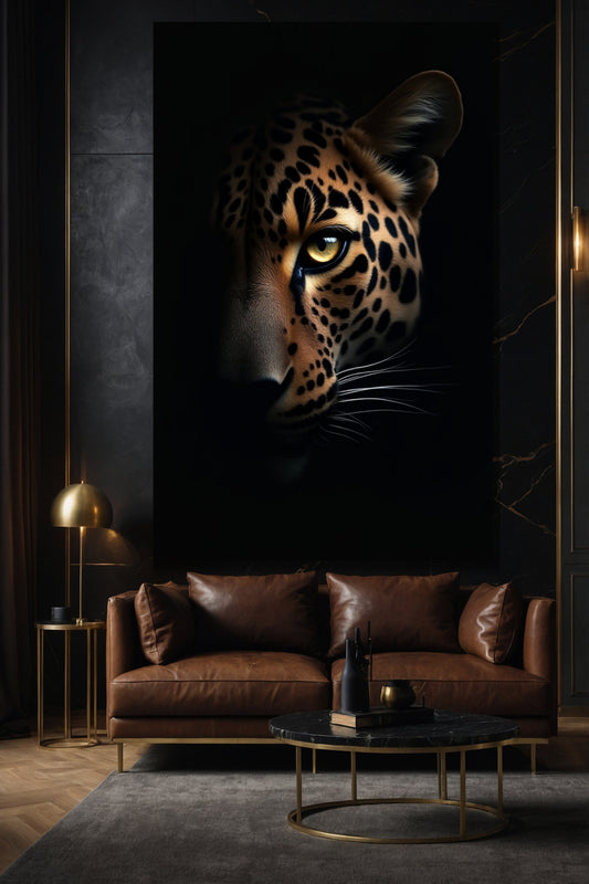 Großformatige Jaguar Leinwand 40x60 Zoll im eleganten Wohnzimmer mit dunkler, moderner Einrichtung und ruhiger Lichtwirkung