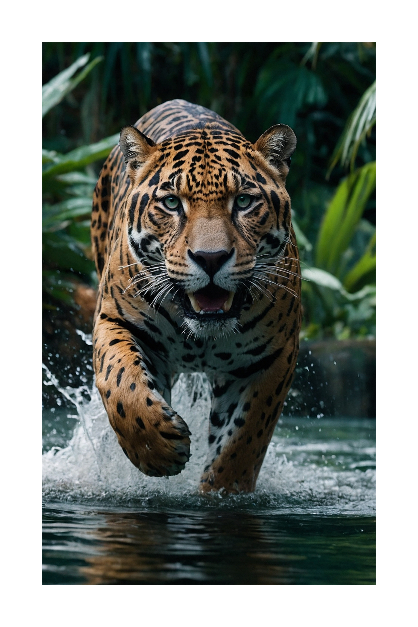 Jaguar rennt durch Wasser im Dschungel als Poster freigestellt mit transparentem Hintergrund, detailreiche Tierdarstellung