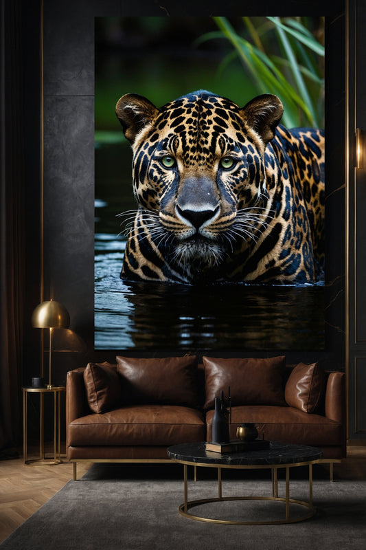 Jaguar Wandkunst auf Leinwand 40x60 Zoll im Wohnzimmer, elegantes Wandbild über braunem Ledersofa mit ruhiger Spiegelung und starker Präsenz