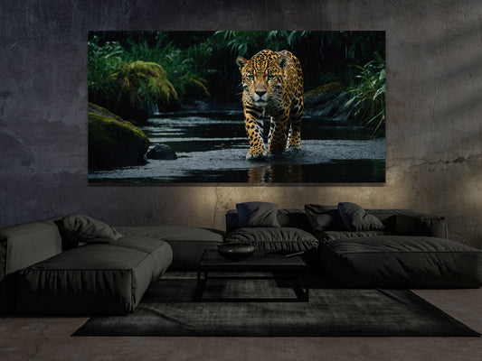 Jaguar Wandbild im Wohnzimmer, Dark Fantasy Motiv mit grünen Augen im Wasser