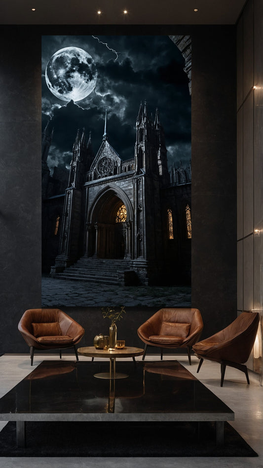 Dark Fantasy Kathedrale der Schatten als monumentale Wandkunst auf Leinwand im Format 40×60 Zoll in einer stilvollen Galerie-Raumdarstellung