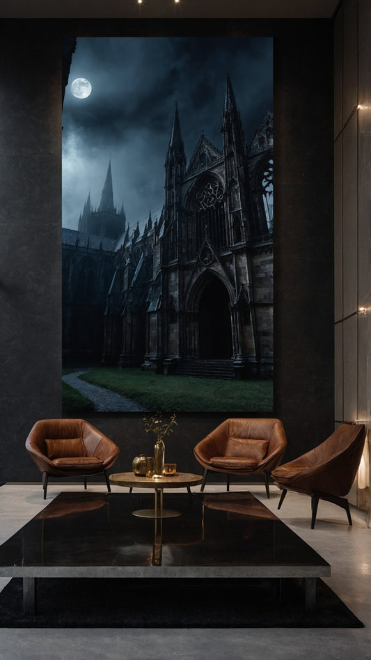 Großformatiges Dark Fantasy Kathedralen Wandbild bei Mondlicht in einer eleganten Galerie-Lounge mit Sesseln, warmem Licht und ruhiger, luxuriöser Atmosphäre.