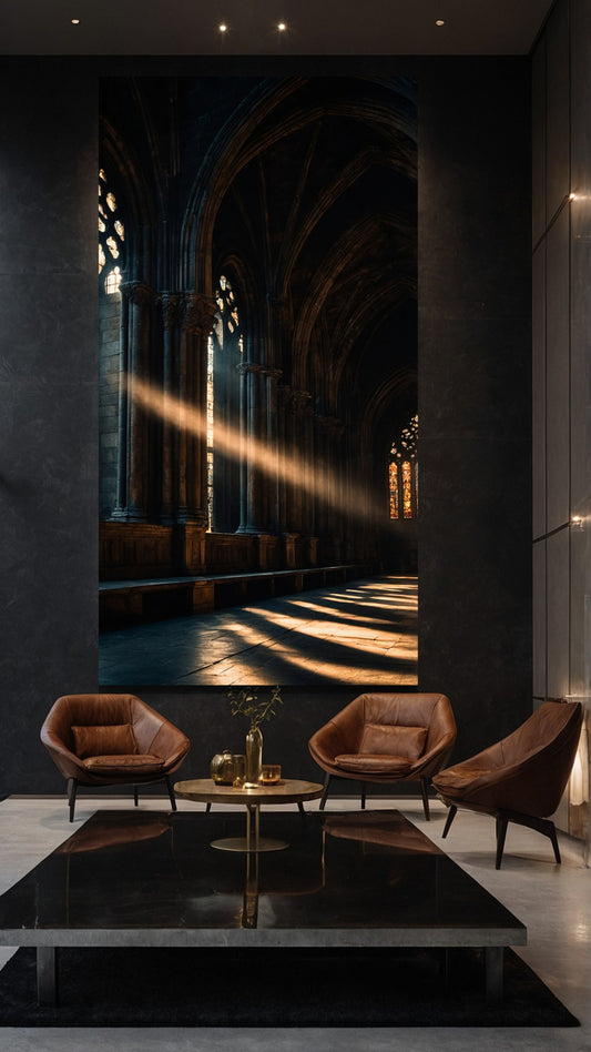 Dark Fantasy Kathedrale mit Lichtstrahl durch gotische Fenster als Wandkunst Leinwand im Format 40x60 Zoll in moderner Galerie Einrichtung