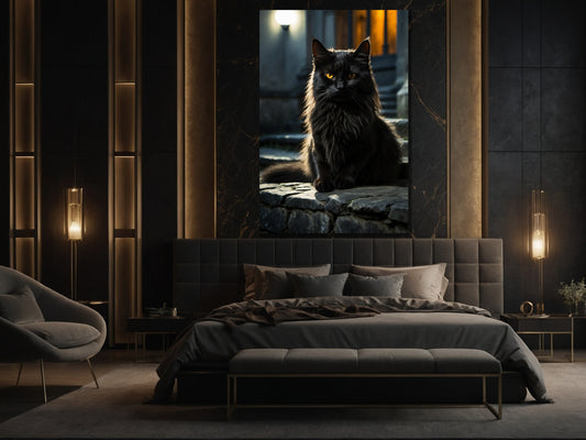 Dark Fantasy Katze Wandkunst im Schlafzimmer mit schwarzer Katze auf Steinmauer vor geheimnisvollem Eingang