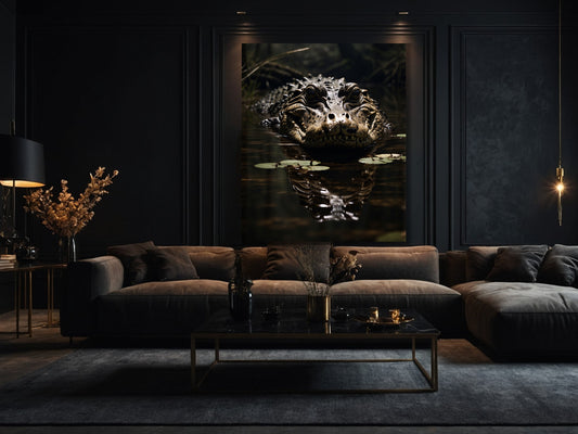 Dark Fantasy Krokodil Wandkunst im dunklen Wasser als atmosphärische Wandkunst im Wohnzimmer