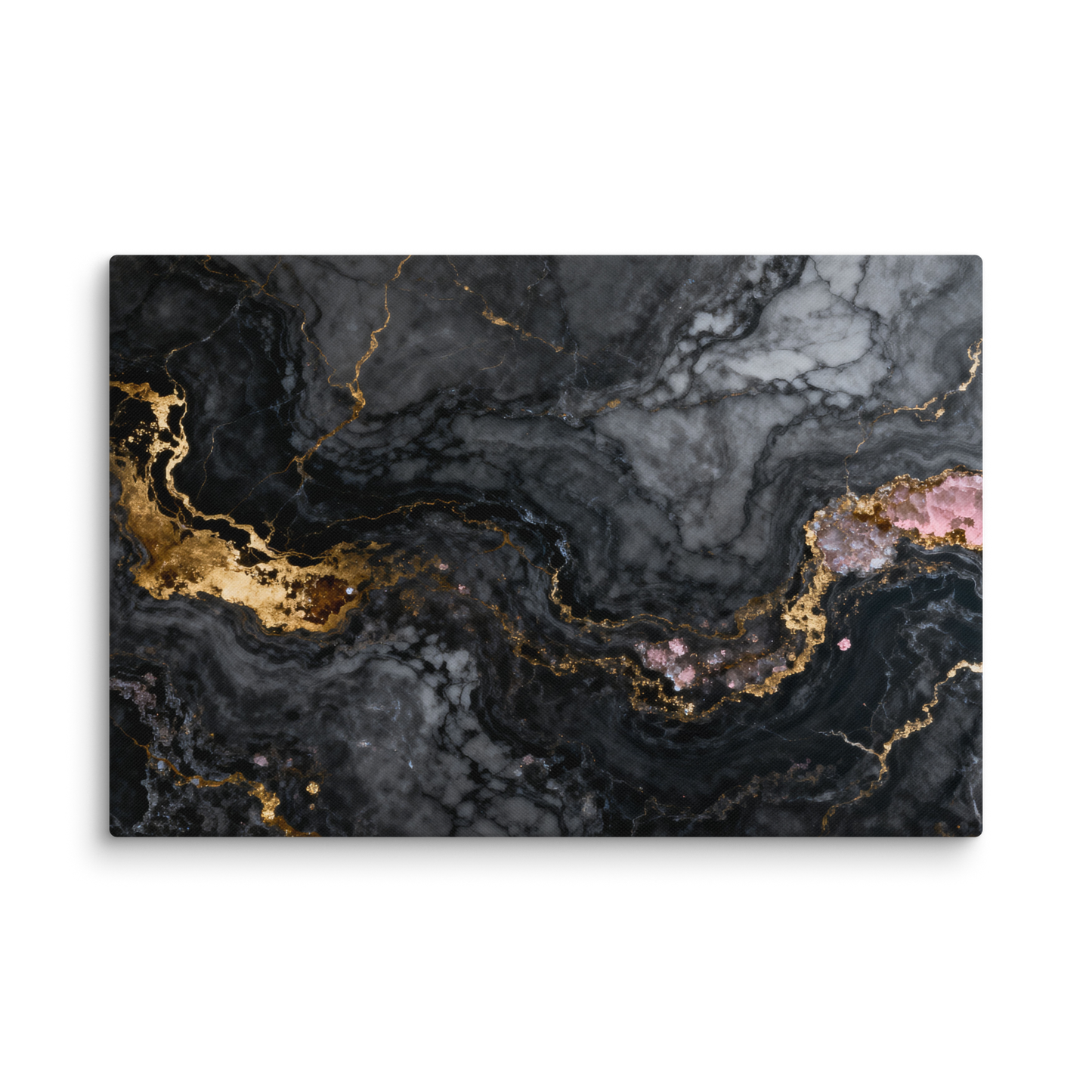 Leinwand mit abstrakter Marmorstruktur in Schwarz, Anthrazit, Gold und Rosé als freigestellte Produktansicht im Format 40×60 Zoll.