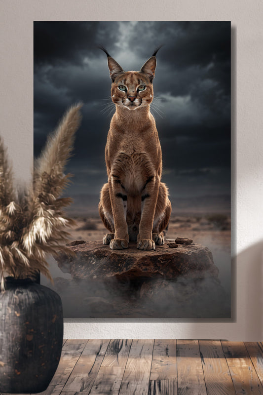 Leinwand eines Caracals unter dunklen Wolken im Morgennebel an weißer Wand über einem Holzfußboden im Flurbereich