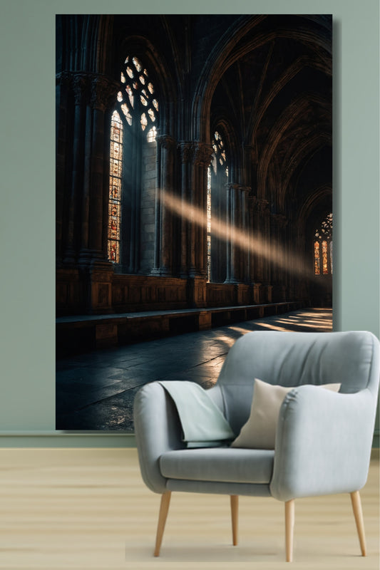 Leinwand einer gotischen Kathedrale im Lichtstrahl an einer hellblauen Mauer über einem hellblauen Sessel