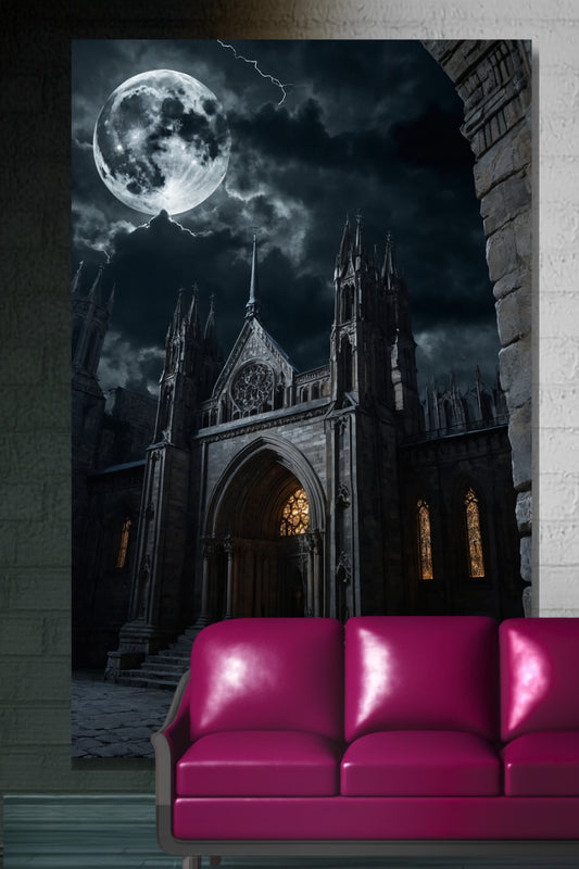 Leinwand einer gotischen Kathedrale im Mondlicht an einer Mauer über einem pinkfarbenen Ledersofa in einem Wohnraum