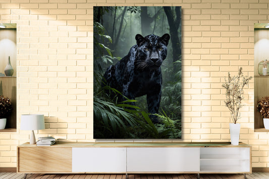 Leinwand eines schwarzen Jaguars im tropischen Regenwald an einer hellen Mauerwand über einem Sideboard aus hellem Holz in einem stilvollen Wohnzimmer