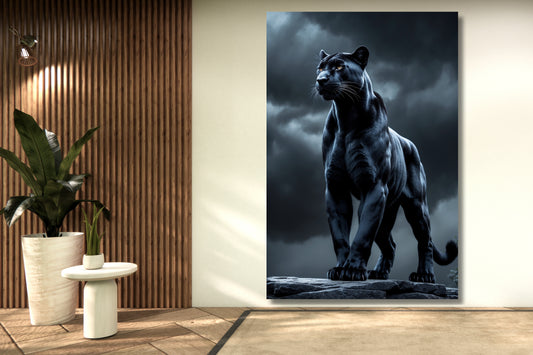 Leinwand eines schwarzen Panthers in kontrollierter Haltung an einer hellen Wand mit Holzpaneelen, neben einer großen Grünpflanze und einem kleinen Beistelltisch in einem gemütlichen Wohnraum