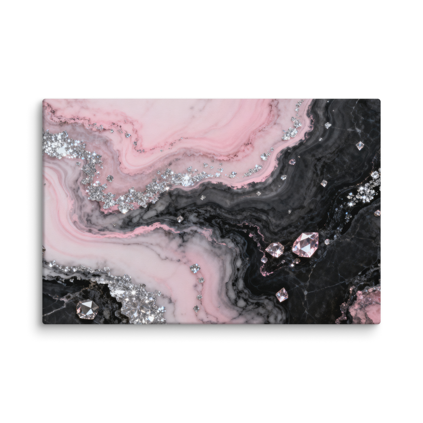 Leinwand Wandkunst in Rosé, Schwarz und Silber mit Rosenquarzoptik, funkelnden Kristallakzenten und mineralischen Strukturen als Freisteller der 40x60 Zoll Variante.