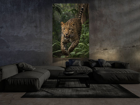 Großformatiges 70x100 cm Poster mit springendem Leoparden im modernen Wohnzimmer über einem Sofa inszeniert