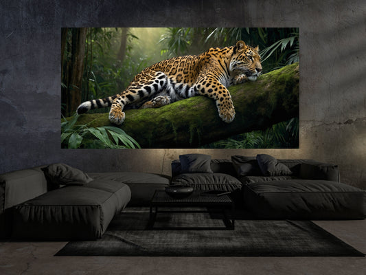 Dark Fantasy Leopard Wandbild im Wohnzimmer – horizontales Großformat über modernem Sofa, atmosphärische Dschungelkunst mit ruhiger Spannung