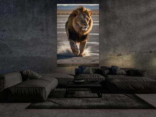Löwen Wandbild im Wohnzimmer, dynamisches Dark Fantasy Motiv im Großformat