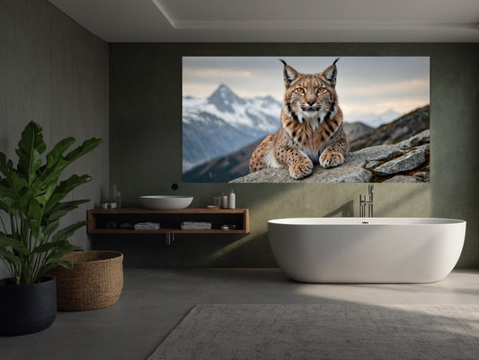Dark Fantasy Luchs Poster im modernen Badezimmer, alpine Tierkunst
