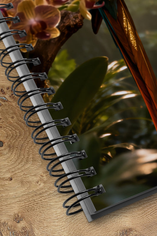 Notizbuch mit schwarzer Spiralbindung und detailreicher Illustration eines Ara-Papageis im tropischen Regenwald mit exotischen Blättern und Blüten.