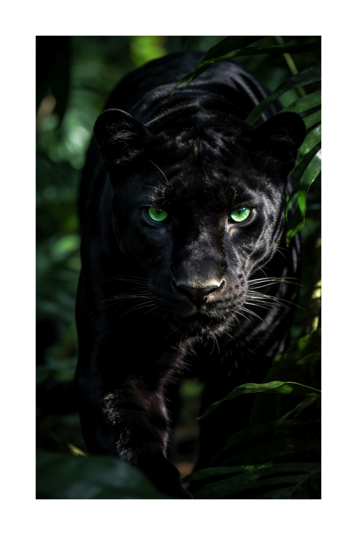 Freigestelltes Panther Motiv auf Leinwand – dunkles Tierportrait mit grüner Dschungelumgebung