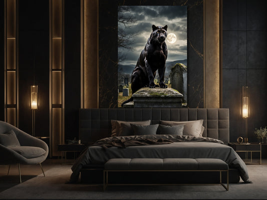 Dunkler Panther im Mondlicht auf altem Friedhof als atmosphärische Wandkunst im Schlafzimmer – ruhige, mystische Szene mit starker Präsenz und Tiefe