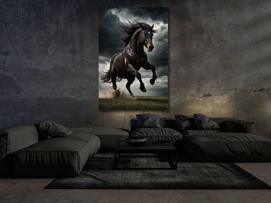 Großes Dark Fantasy Pferdeposter über Sofa im modernen Wohnzimmer – schwarzer Hengst im Sturm