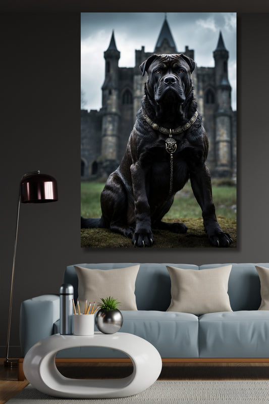 Poster Cane Corso vor alter Festung als Wandkunst über einem grauen Sofa in einem dunklen Wohnzimmer mit Stehlampe und modernem Couchtisch.