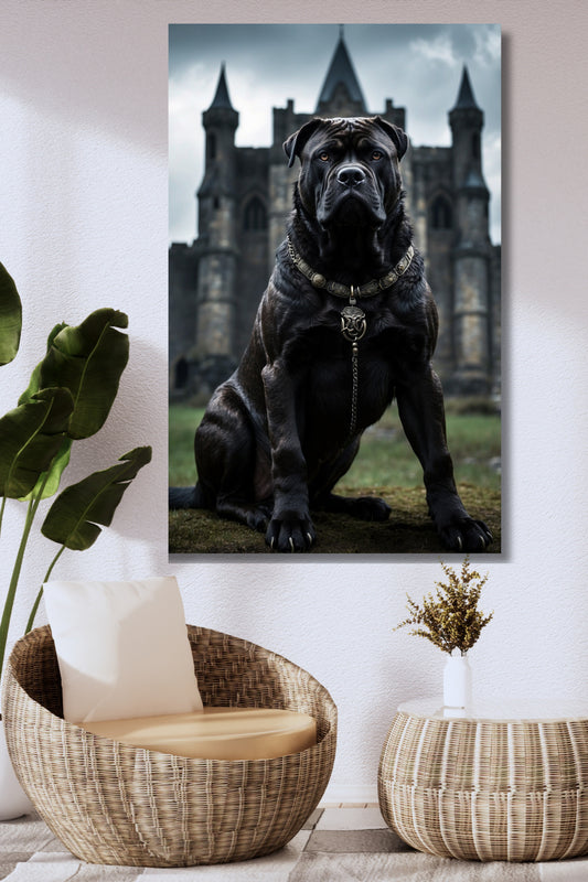 Poster Cane Corso vor alter Festung als Wandkunst über einem Rattansessel mit Korbhocker, Trockenblumen und großer Zimmerpflanze vor heller Wand.