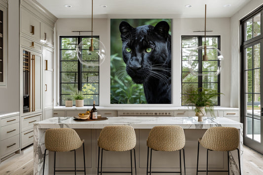 Poster eines schwarzen Panthers im Seitenprofil über einer Kücheninsel in einer hellen Küche mit großen Fenstern und Barhockern.