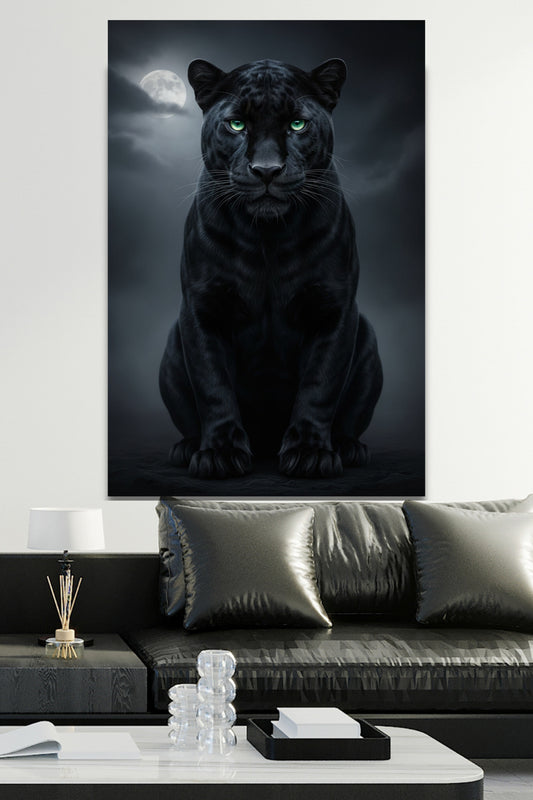 Poster eines schwarzen Panthers mit smaragdgrünen Augen bei Vollmond an weißer Wand über einem schwarzen Sofa