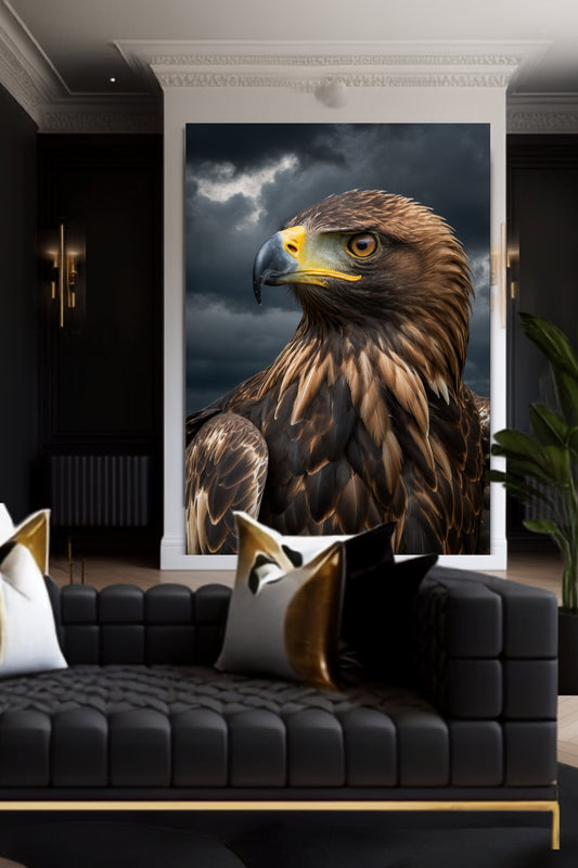Poster eines Steinadlers mit kraftvollem Blick an einer weißen Säule über einem schwarzen Sofa mit goldfarbenen Kissen und dunkler Wand mit goldfarbenen Wandleuchten