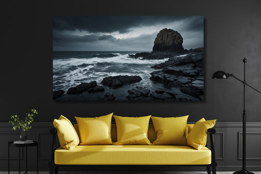 Poster einer Sturmküste mit schwarzen Felsen über einem gelben Sofa in einem modernen Wohnzimmer mit dunkler Wand, schwarzer Stehlampe und Beistelltisch mit Pflanze.