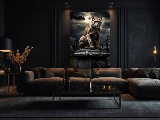 Dark Fantasy Puma Wandkunst auf Grabstein im Friedhof als atmosphärische Wandkunst im Wohnzimmer
