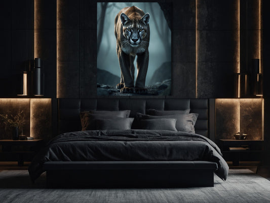 Dark Fantasy Puma Wandkunst im Schlafzimmer mit ruhiger Nebelstimmung