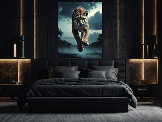 Dark Fantasy Puma Wandkunst im Schlafzimmer mit dramatischer Tierbewegung und dunkler Atmosphäre