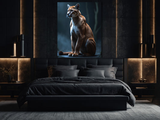 Puma am Waldpfad – Dark Fantasy Wandkunst Leinwand 32x48 im Schlafzimmer Mockup