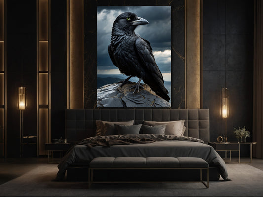 Dark Fantasy Rabe Wandkunst auf einem Felsen über einem Bett im modernen Schlafzimmer – kraftvolle Tierwandkunst mit ruhiger Präsenz und smaragdgrünem Auge