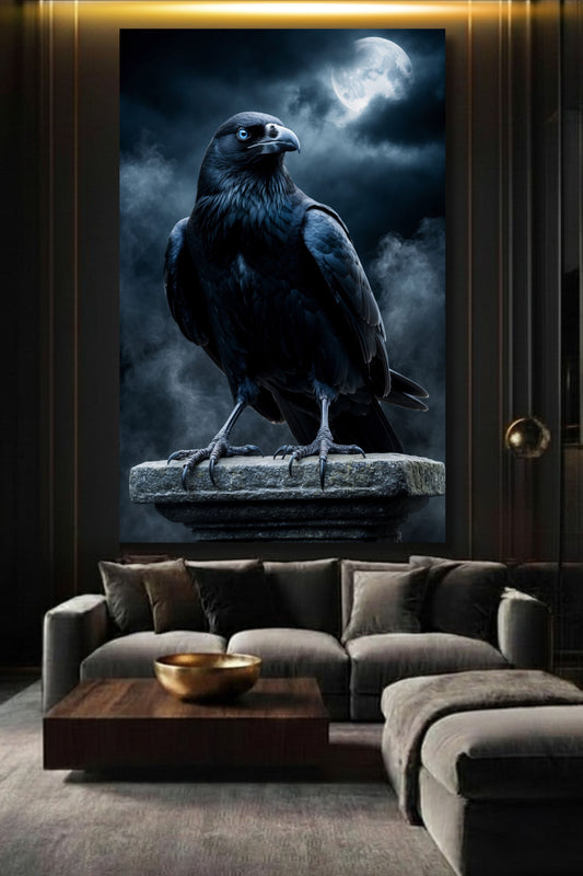 Rabe in der Nacht als Poster im Wohnzimmer über einem Sofa – stilvolle Wandgestaltung mit ruhiger, intensiver Ausstrahlung
