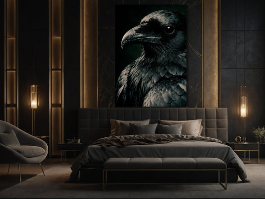 Mystischer Rabe in ruhiger Nahaufnahme als Dark Fantasy Poster im Schlafzimmer – sanfte Lichtführung, tiefe Schatten und beruhigende, atmosphärische Wandkunst