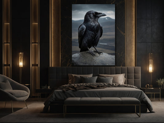 Mystischer Rabe auf Felsen in stiller Berglandschaft als ruhiges Dark Fantasy Poster im Schlafzimmer – sanfte Kontraste, klare Formen und beruhigende, atmosphärische Wandkunst