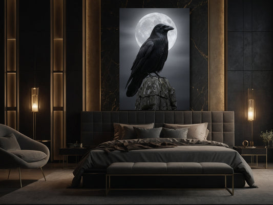 Mystischer Rabe vor Vollmond als ruhiges Dark Fantasy Poster im Schlafzimmer – sanfte Lichtstimmung, tiefe Kontraste und beruhigende, atmosphärische Wandkunst