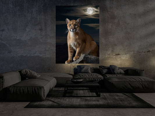Dark Fantasy Raubkatzen Wandbild über minimalistischem Sofa in modernem dunklem Wohnraum mit cineastischer Lichtstimmung