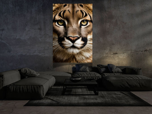 Dark Fantasy Raubkatzenposter im modernen Wohnraum mit starkem Blickkontakt