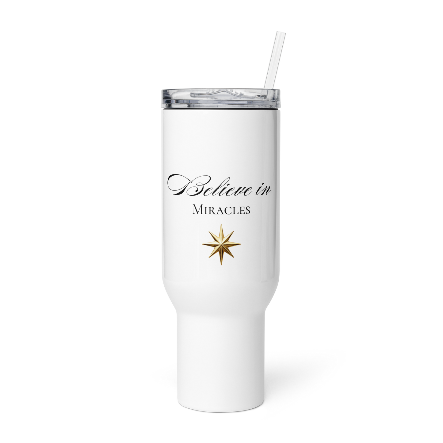 Reisebecher mit Griff „Believe in Miracles“ in 40 Unzen mit schwarzer Typografie, goldenem Stern und Strohhalm in transparenter Vorderansicht