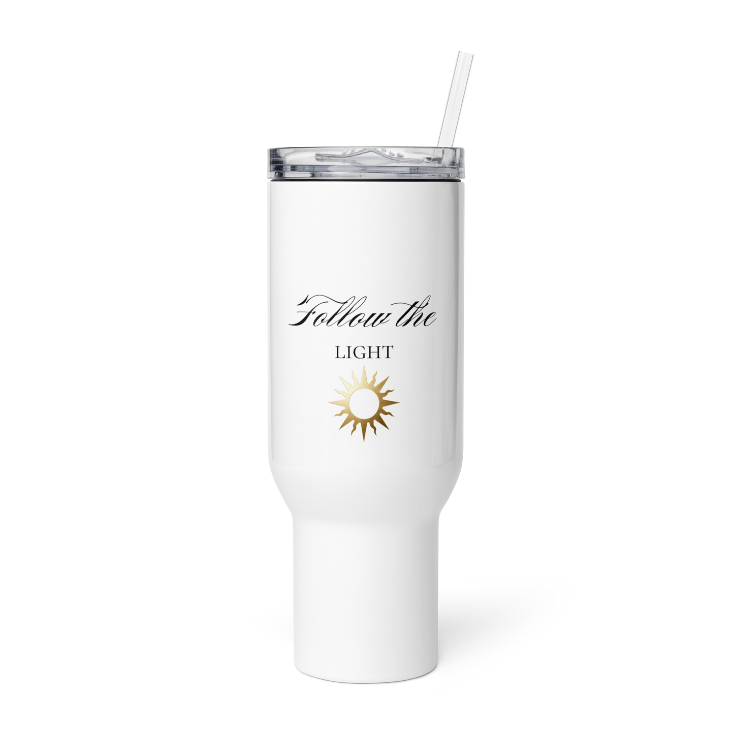 Reisebecher mit Griff „Follow the Light“ in 40 Unzen mit schwarzer Typografie, goldenem Sonnensymbol und Strohhalm in der transparenten Vorderansicht