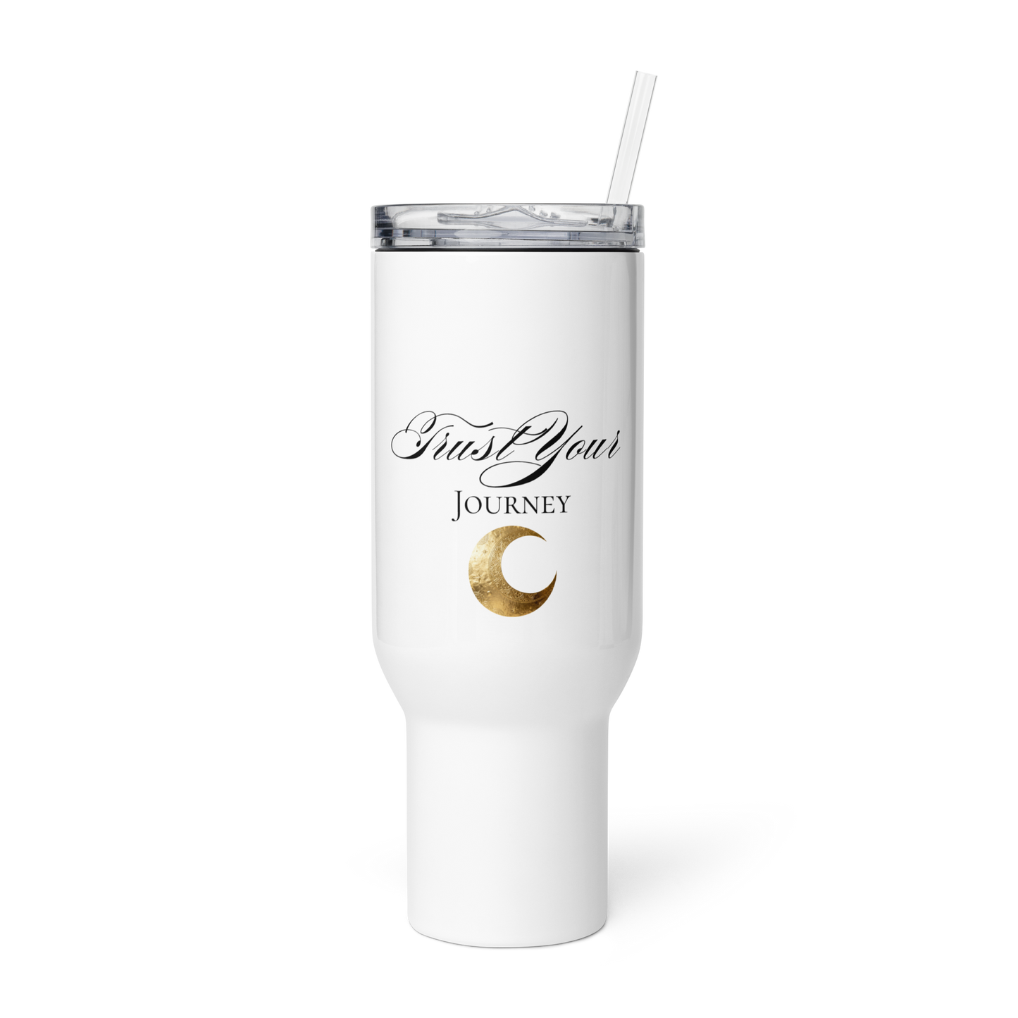 Reisebecher mit Griff „Trust Your Journey“ mit goldenem Mondsymbol als transparente Vorderansicht in der 40-Unzen-Ausführung mit Kunststoffstrohhalm