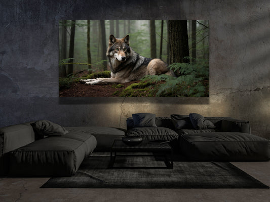 Dark Fantasy Wolfs-Wandbild im minimalistischen Wohnraum mit ruhiger Waldstimmung