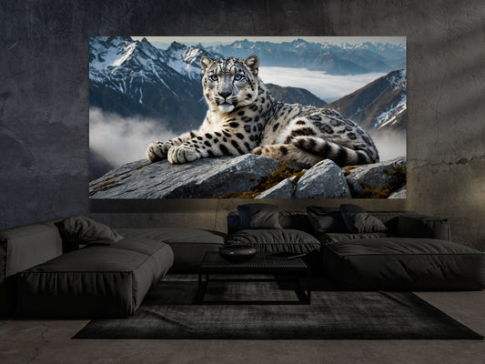 Schneeleopard Wandbild im Wohnzimmer, horizontales Hochgebirge Motiv im Großformat 70x100