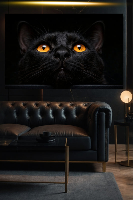 Schwarze Katze mit leuchtenden bernsteinfarbenen Augen als Wandkunst auf Leinwand in elegantem Wohnzimmer über dunkelgrauem Ledersofa stilvolle Atmosphäre