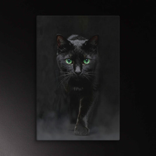 Schwarze Katze Leinwand mit leuchtenden Augen und ruhiger, dunkler Bildwirkung mit feinem Nebel