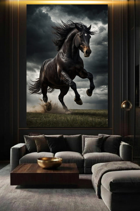 Wandkunst Poster mit schwarzem Hengst im Sturm in stilvolle Wohnzimmer mit dunkler Wand über einem Sofa als großformatiges Motiv